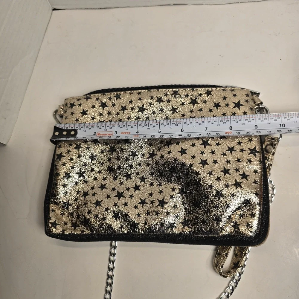 Bari‎ Lynn Gold Black Star Print Chain Strap Wristlet Clutch Handbag